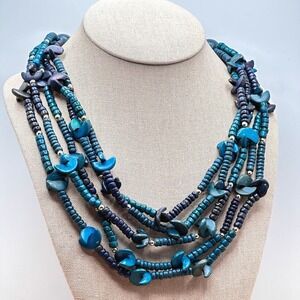 Rustic Artisan‎ Boho Multi Strand Necklace Blue Wood Bead Statement Bib 24 Inch